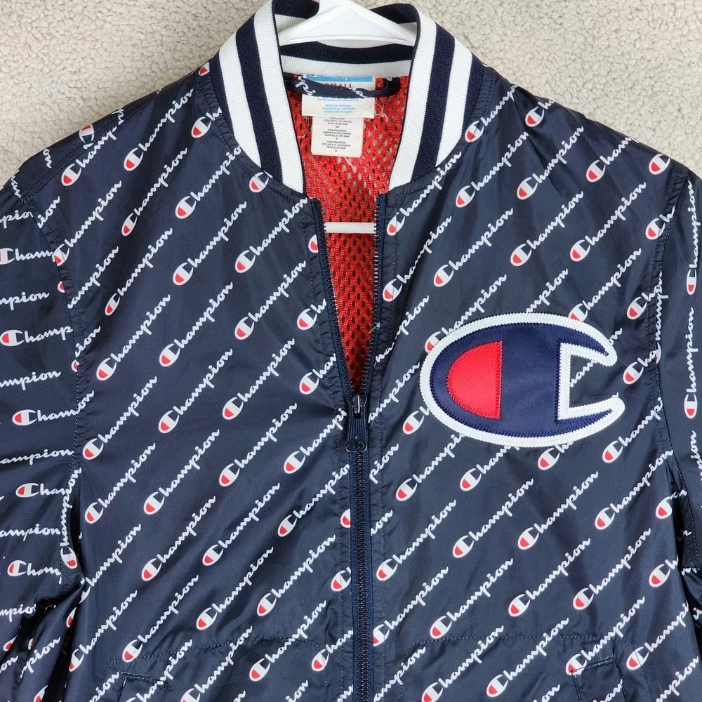 VTG Champion Script Logo Windbreaker Jacket Mens S Navy Blue‎ Varsity Streetwear